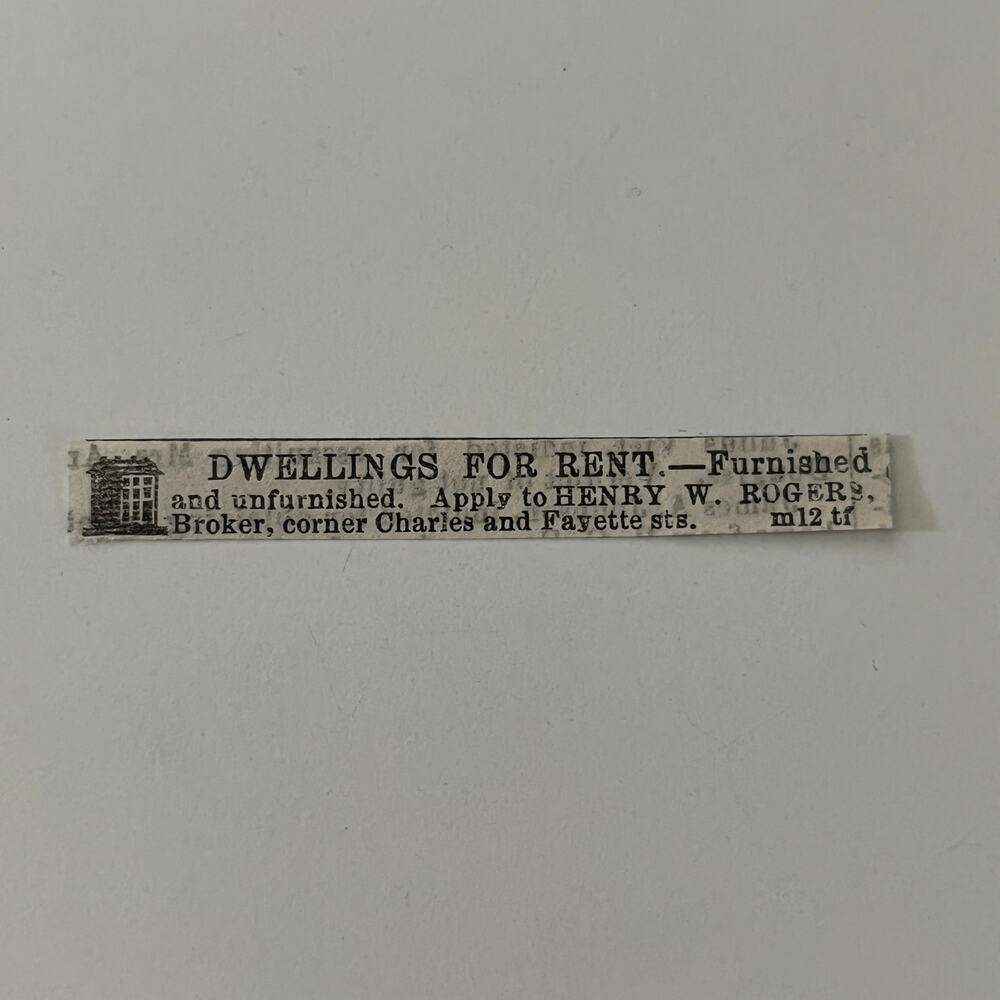 Dwellings For Rent Furnished H Rogers 1862 Civil War Baltimore Clipping SAJ2-S21